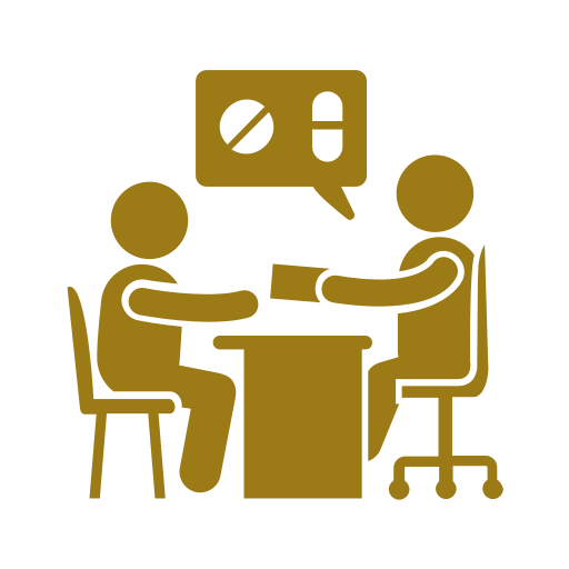 Two figures sitting at a table having a conversation, with one figure speaking and the other listening, depicted in gold on a black background.