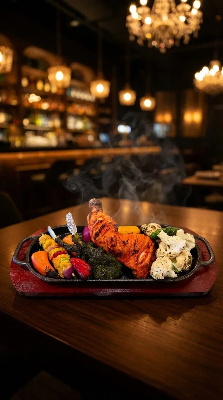 A sizzling platter of grilled chicken and vegetables on a table in a dimly lit restaurant.