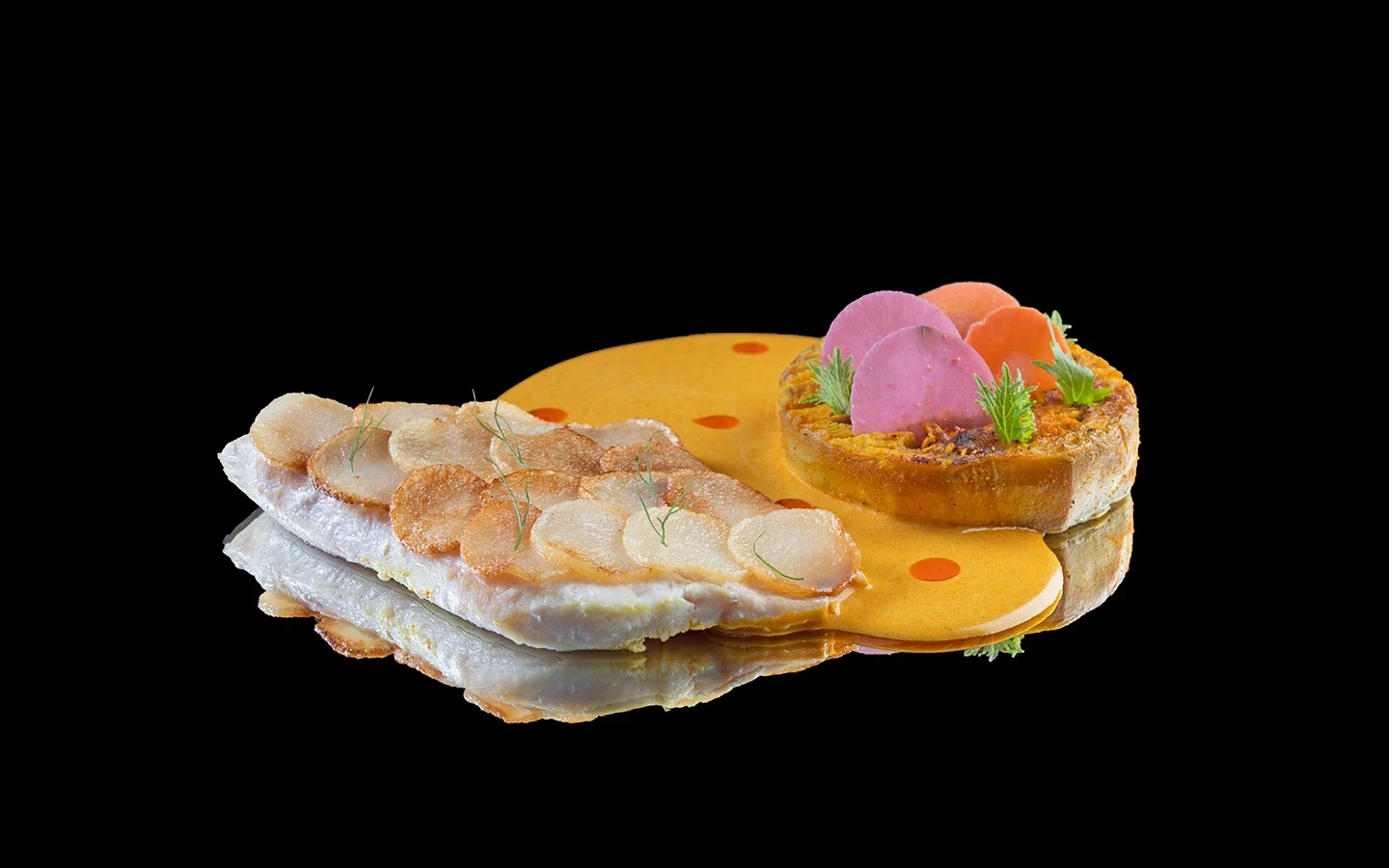 An open-faced sandwich with sliced fish and a round bread