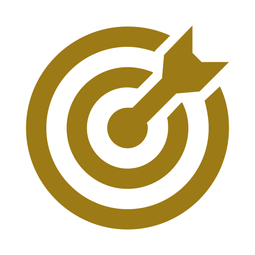 A stylized target with concentric rings and an arrow hitting the bullseye, in gold and black colors.
