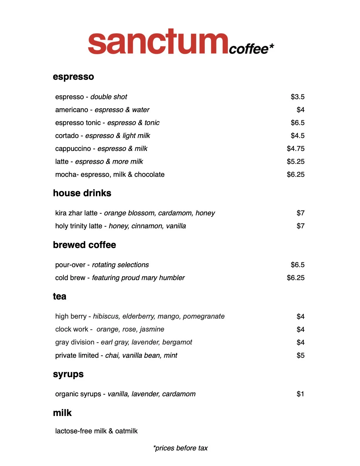 Sanctum Coffee menu featuring espresso drinks, house drinks, brewed coffee, teas, syrups, and milk options.