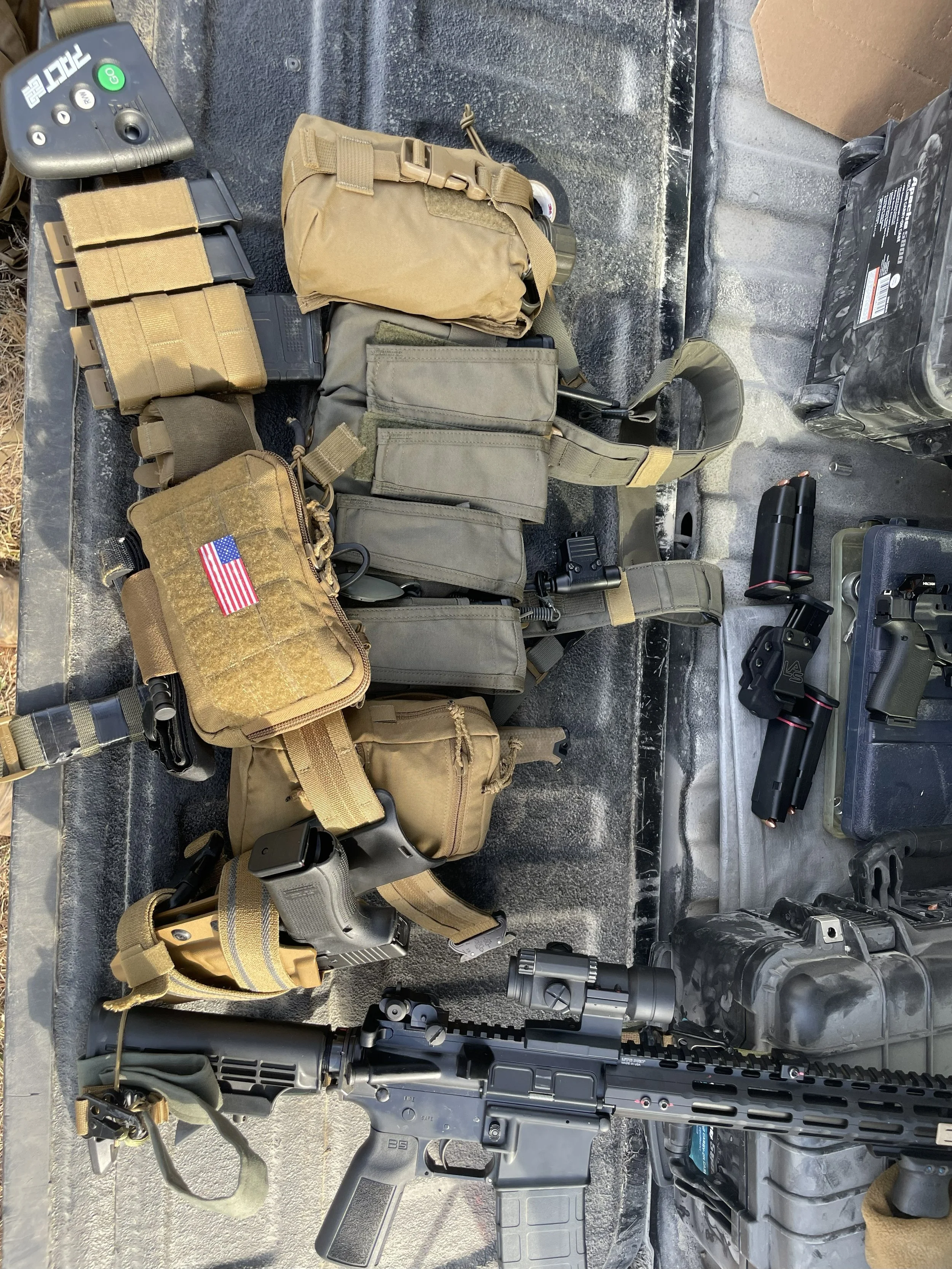 T-Rex Arms Quad Flap Chest Rig, Blue Force Gear Belt, Esstac Mag Pouches, Aimpoint Comp Red Dot Sight