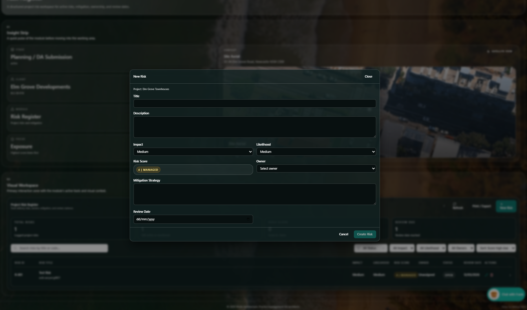 A digital interface showing a form titled 'New Risk' for the project 'Elm Grove Townhouses.' The form includes fields for the project title, description, impact, likelihood, risk score, owner, mitigation strategy, review date, and buttons to cancel or create the risk. The background appears to be an aerial view of a neighborhood with buildings and streets.