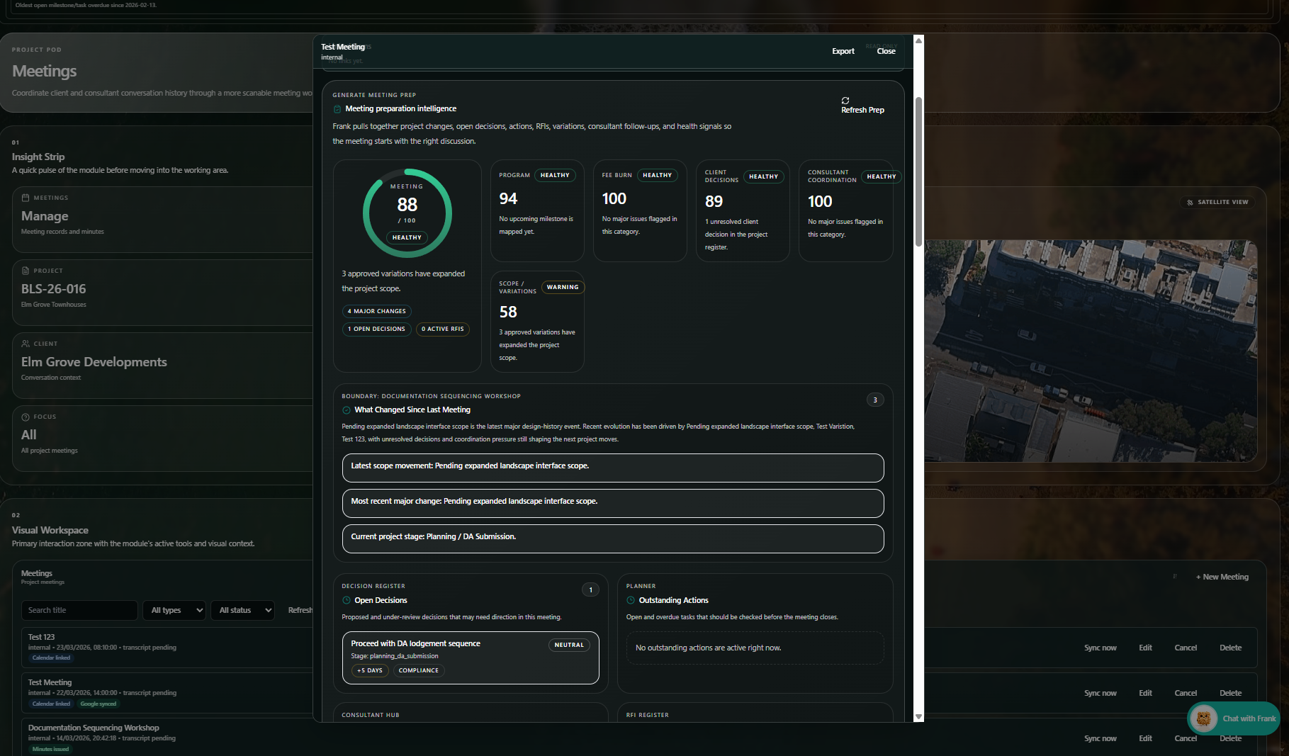 A dark-themed digital interface displaying a detailed project management meeting overview, including sections on meeting preparation, project scope, client, focus, workspace, decisions, and ongoing actions, with a satellite view of a cityscape in the background.