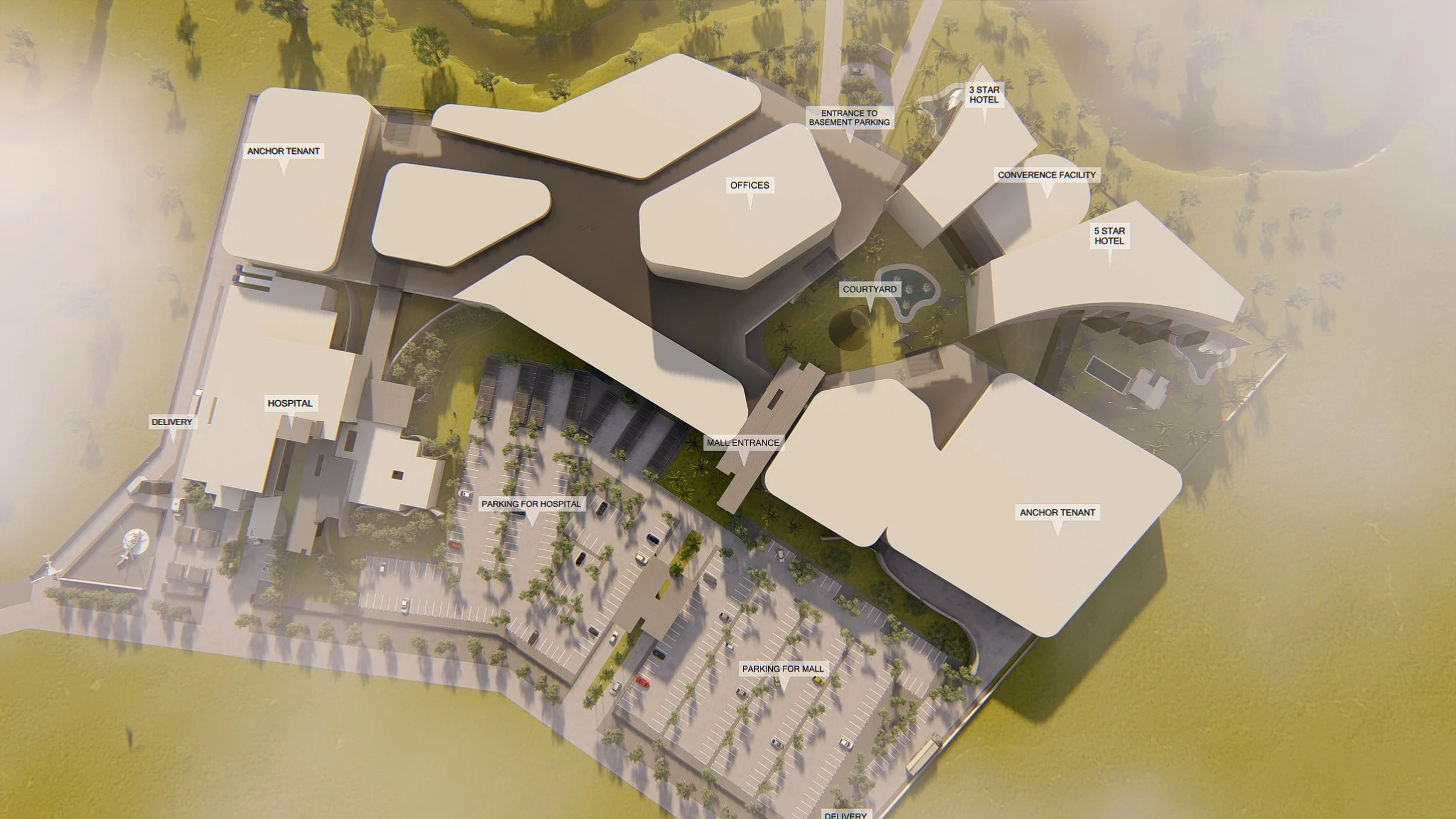 A detailed architectural site plan of a hospital complex including various buildings such as hospital, offices, hotels, and conference facilities, with parking areas for the hospital, mall, and general use, and labels indicating entrance points and key features.