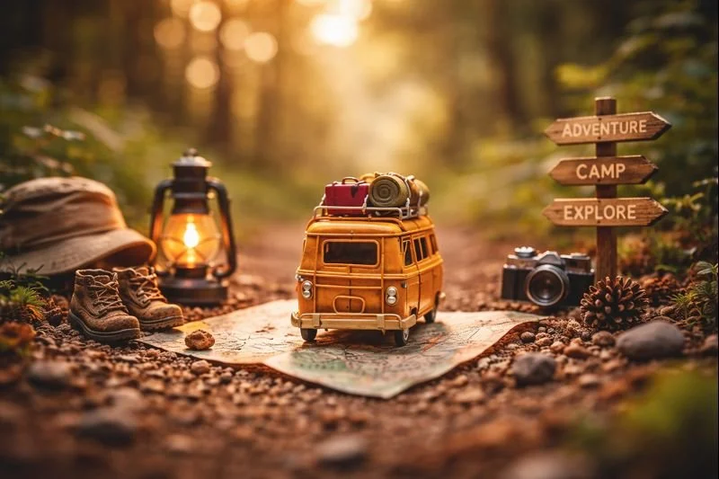 Miniature yellow van with luggage on top, surrounded by hiking boots, lantern, camera, pinecones, trails signs reading 'Adventure,' 'Camp,' and 'Explore,' set in a forest during sunset.