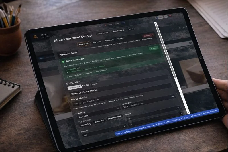 Tablet on a wooden desk displaying a website titled 'Mold Your Mud Studio' with options for studio details and a green 'Studio Connected' status indicator.