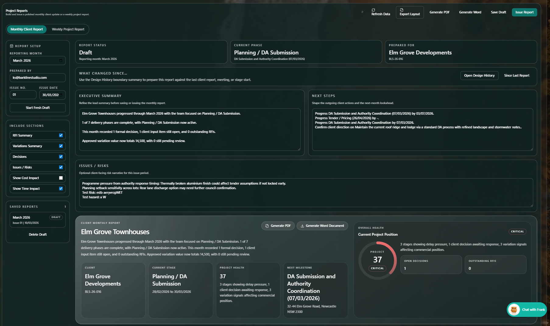 Screenshot of a project report dashboard for Elm Grove Townhouses, showing sections for report setup, status, current phase, issues/risks, client monthly report, and overall project health. The report is in draft status for March 2026, focusing on planning and DA submission.