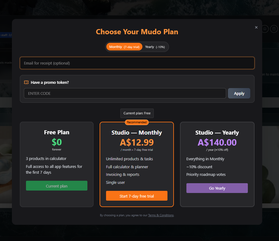 Screenshot of a subscription plan selection webpage showing Free, Studio Monthly, and Studio Yearly options with prices and features.