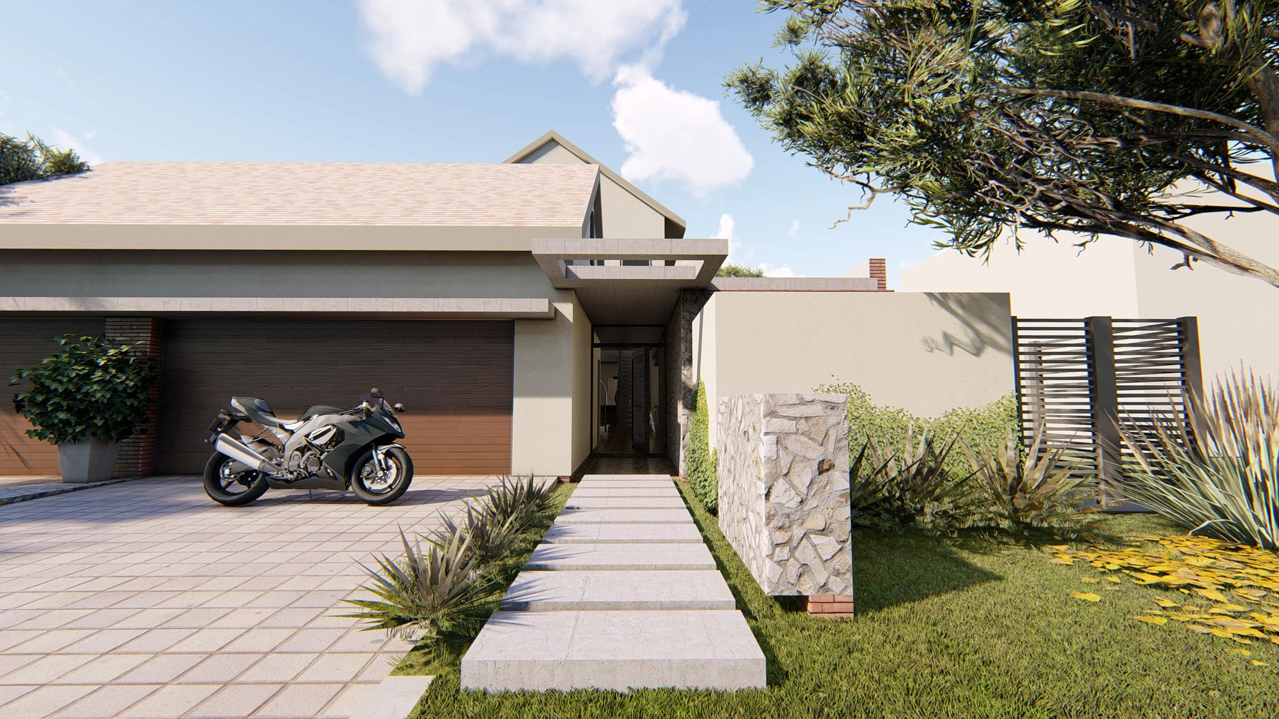 Modern house with a driveway, motorcycle parked outside, and landscaped front yard with plants and a stone wall.