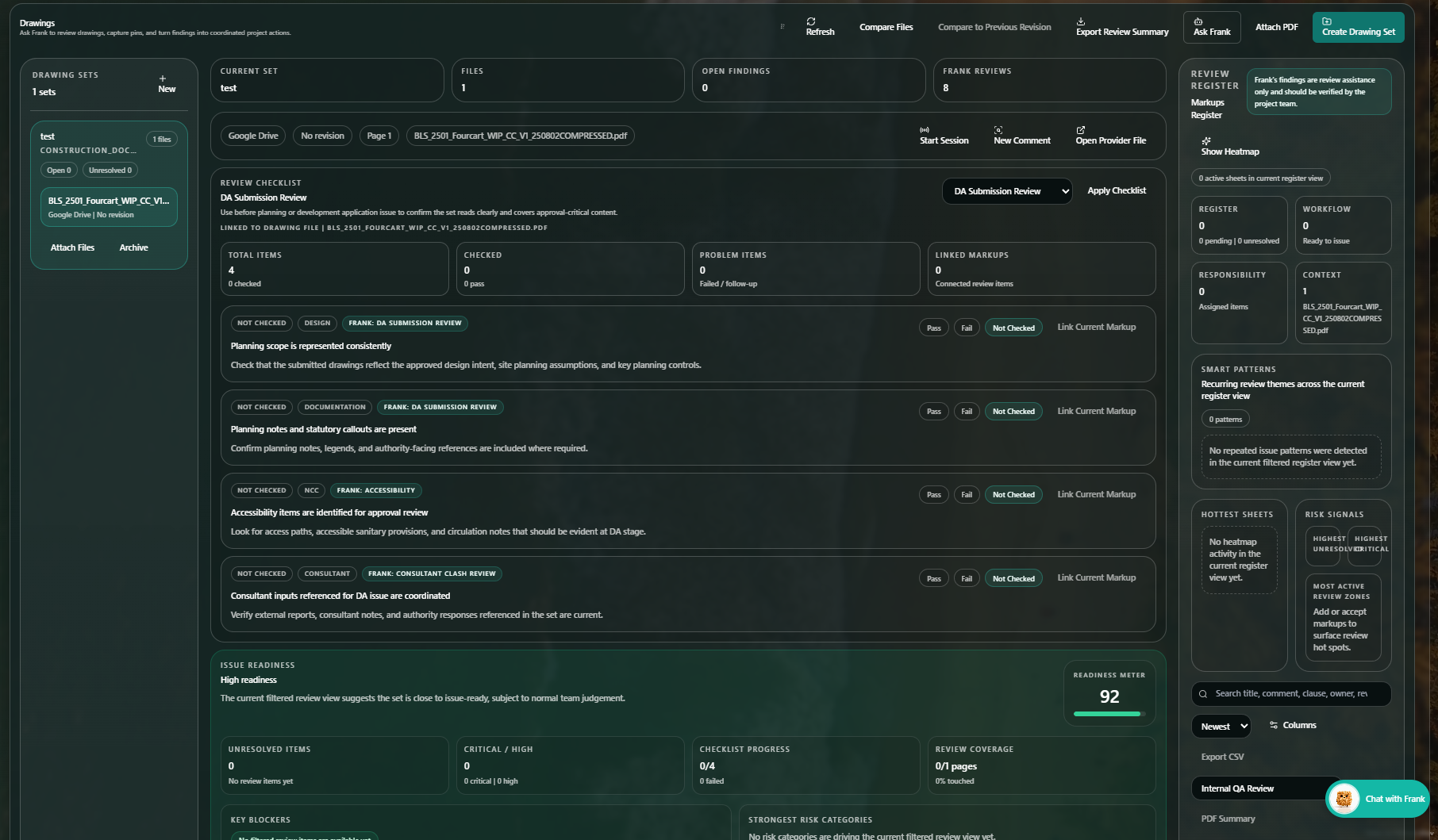 Screenshot of a project review dashboard with sections for drawing sets, review checklist, issue readiness, and risk categories. Contains various status indicators, progress bars, and review details in dark mode interface.