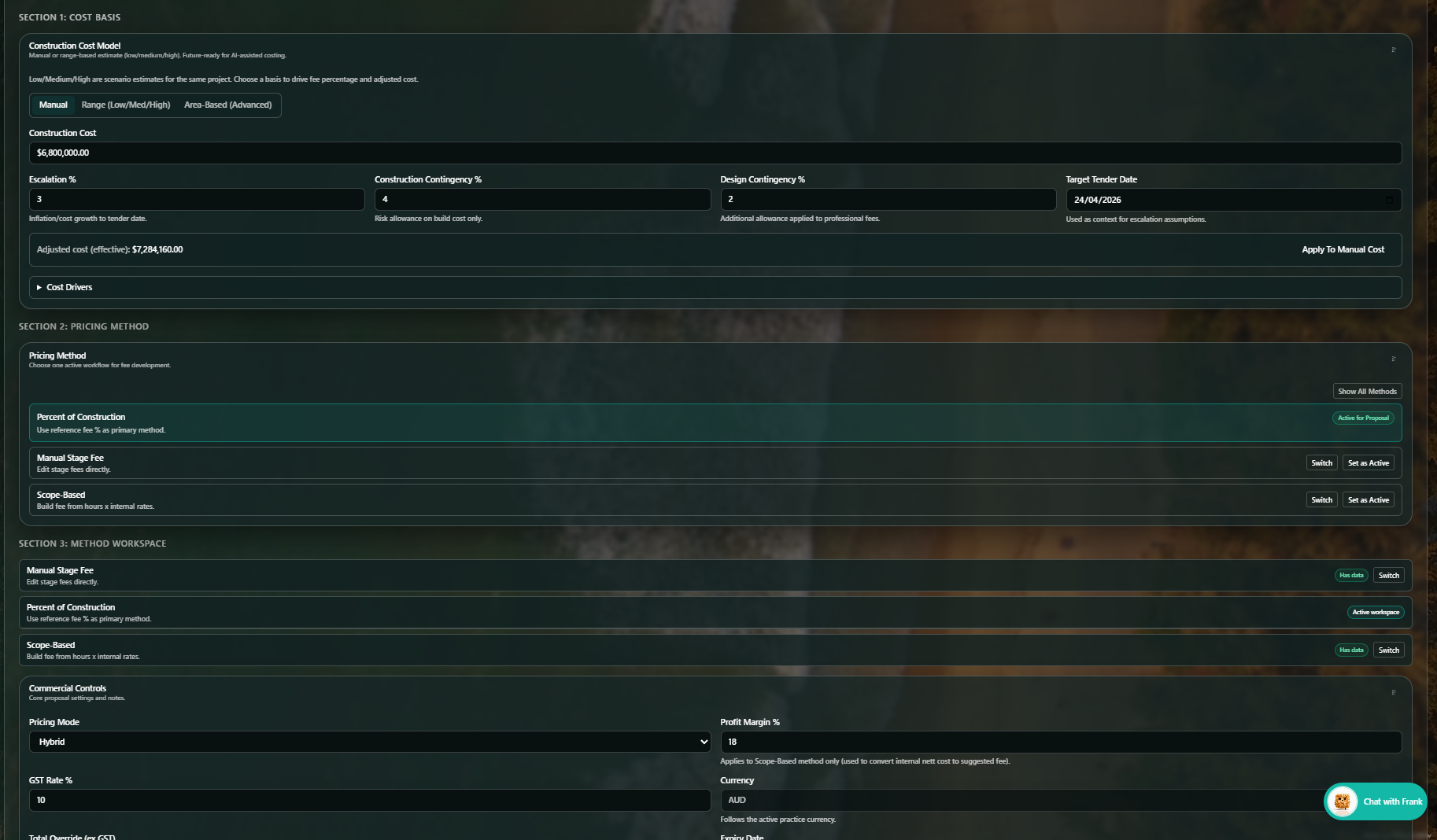 Screenshot of a construction cost modeling and pricing interface, including sections for cost basis, escalation percentages, construction contingency, design contingency, target tender date, pricing method, percentage of construction, workspaces, controls, profit margin, GST rate, total override, and currency.
