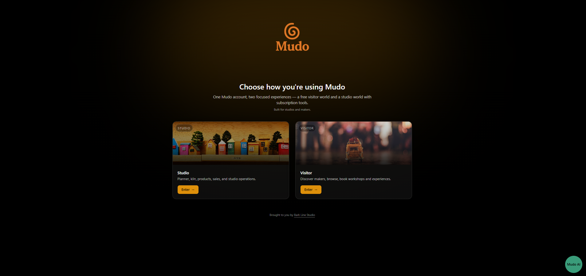 Screenshot of Mudo website home page with options for Studio and Visitor modes, featuring background images of colorful houses and a van, with dark theme and orange accents.