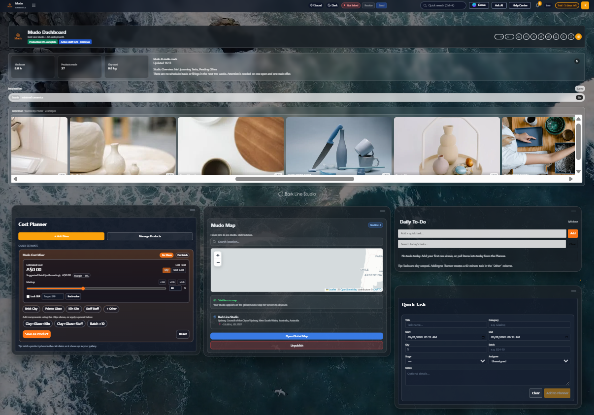 Screenshot of Mudo Dashboard showing sections for product details, images of ceramics, a cost planner, map, daily to-do list, and quick task management, with ocean waves in the background.