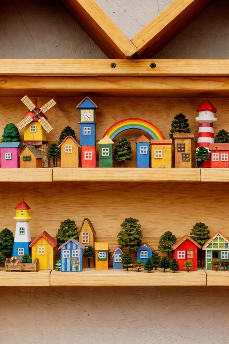 Miniature colorful houses, trees, a rainbow, a windmill, and lighthouses on wooden shelves.