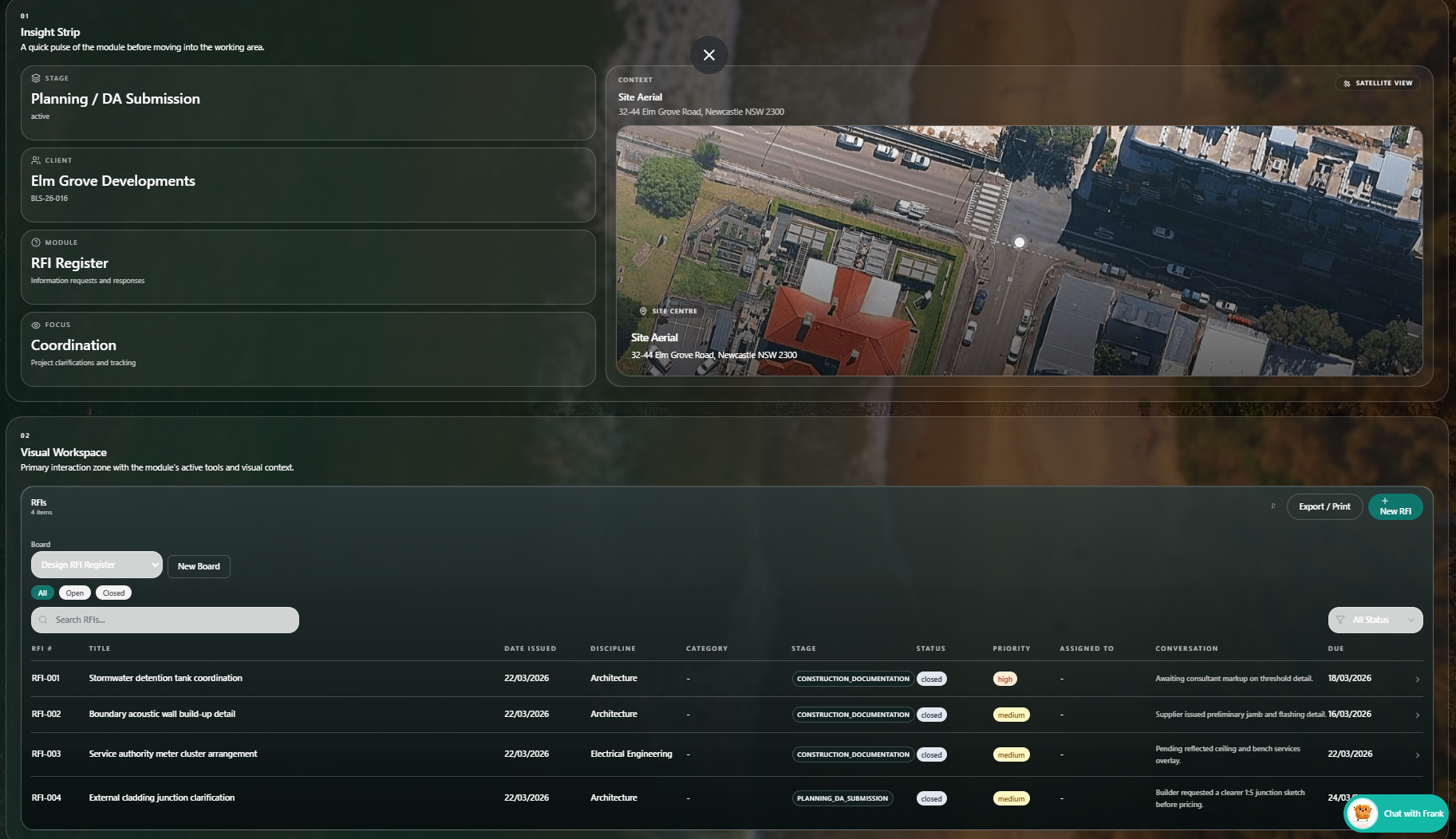 Screenshot of a construction project management interface showing site aerial image, project details, and list of RFIs (Request for Information) including their status, priority, and due dates.