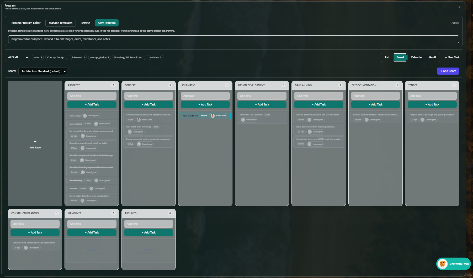 Screenshot of a project management program displaying a workflow board with multiple columns and tasks, such as Prospect, Concept, Schematic, Design Development, DA/Planning, and others, each containing several tasks with dates and statuses.