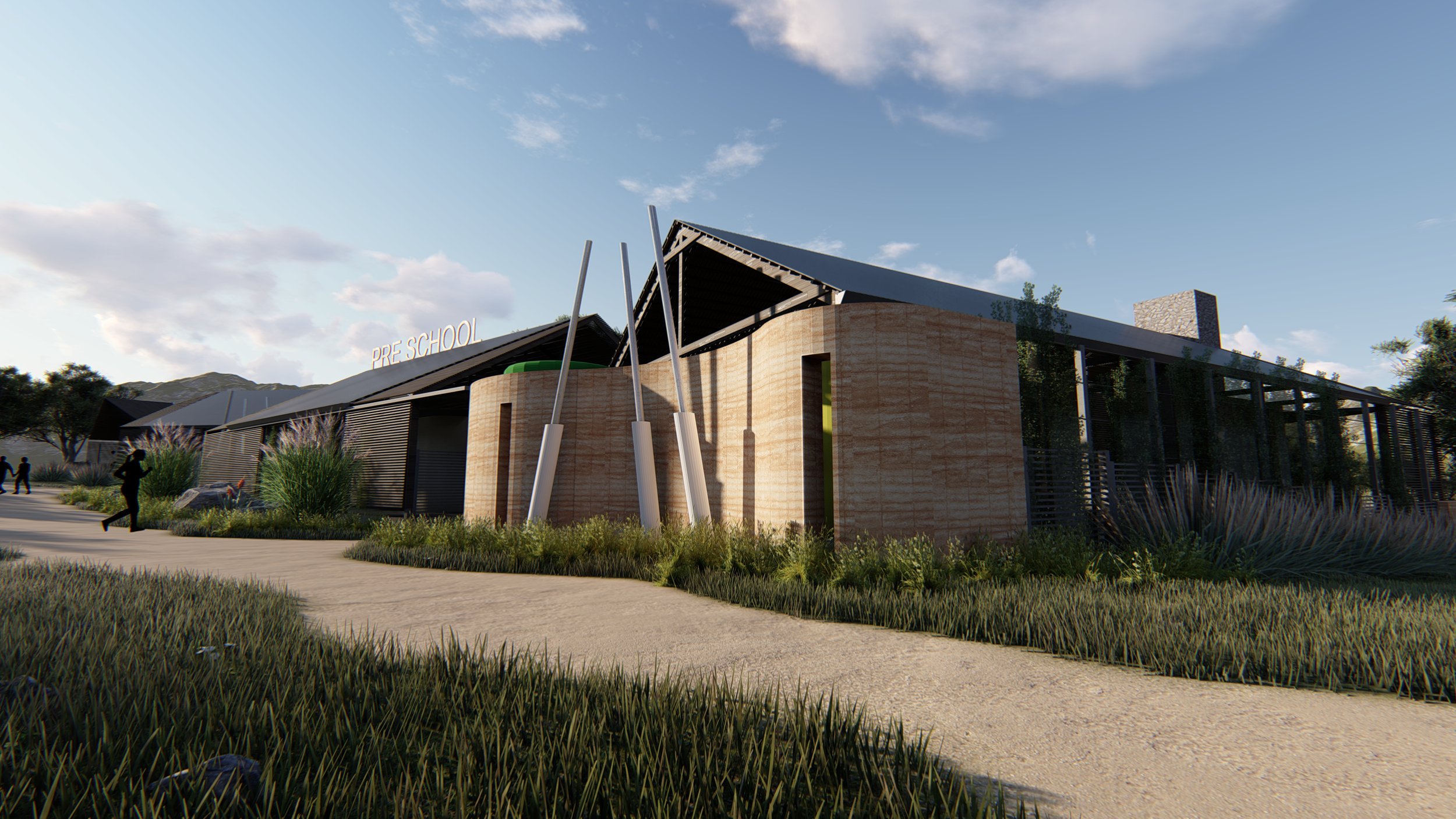 Modern pre-school building with outdoor landscaping and children walking outside on a sunny day.