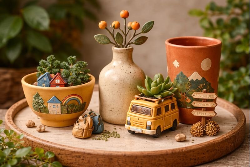 Decorative plants and miniature souvenirs on a wooden tray, including a small yellow camper van, a succulent plant, a pottery vase with orange berries, a colorful plant pot with small house and nature figurines, and an orange mug with painted mountains and trees.