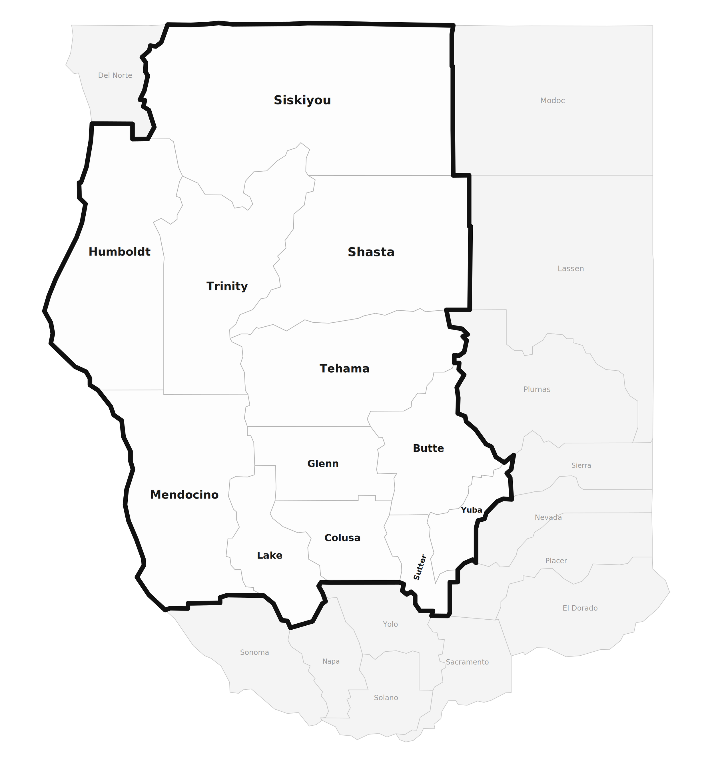 AHT service area map — twelve Northern California counties including Shasta, Siskiyou, Tehama, and Butte