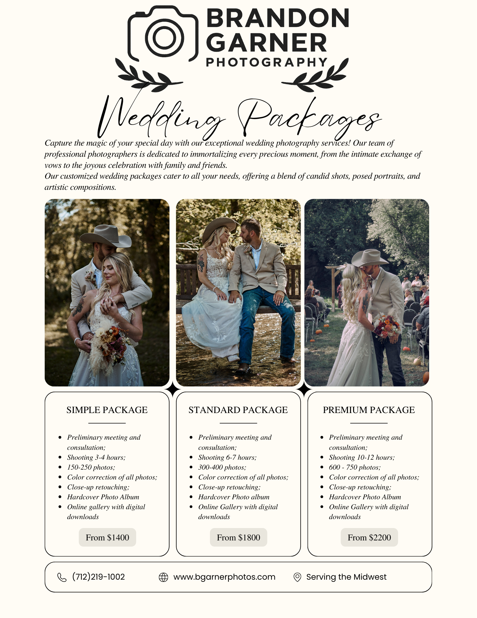 Flyer for Brandon Garner Photography wedding packages with three photos of couples at their wedding, and details for simple, standard, and premium packages