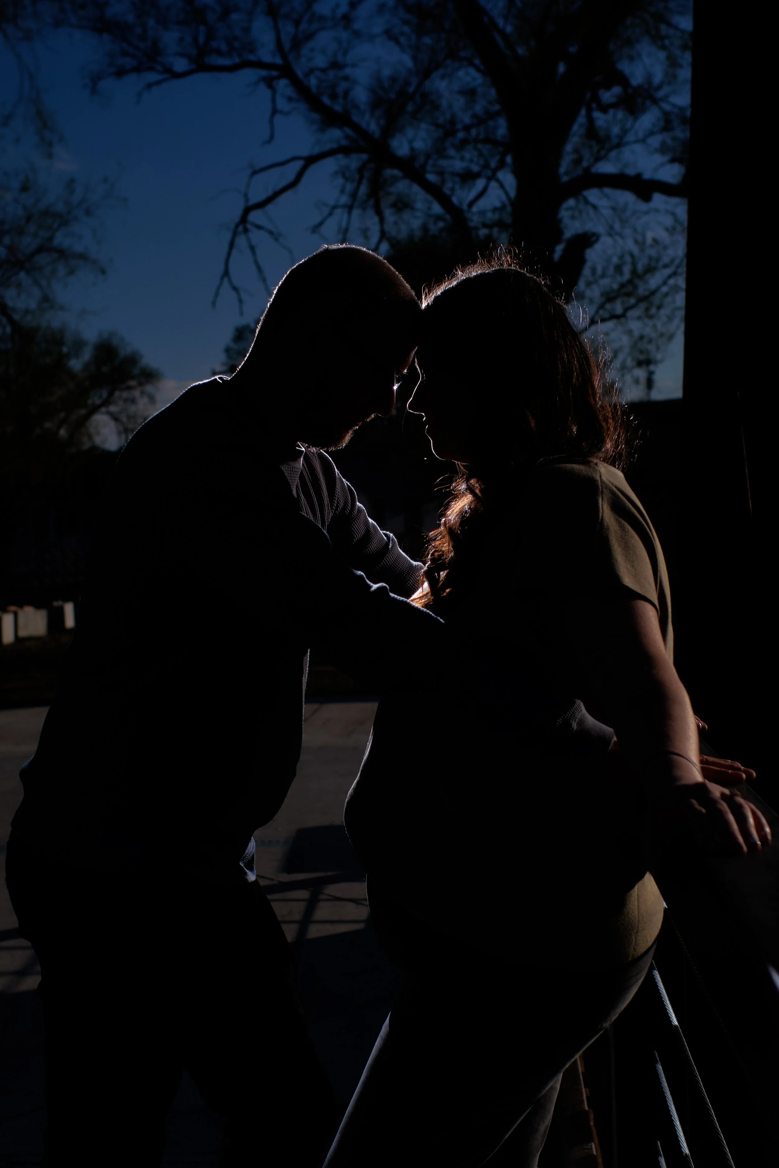 A silhouette of a man and woman with foreheads touching, sitting outdoors at night, with a large tree in the background.