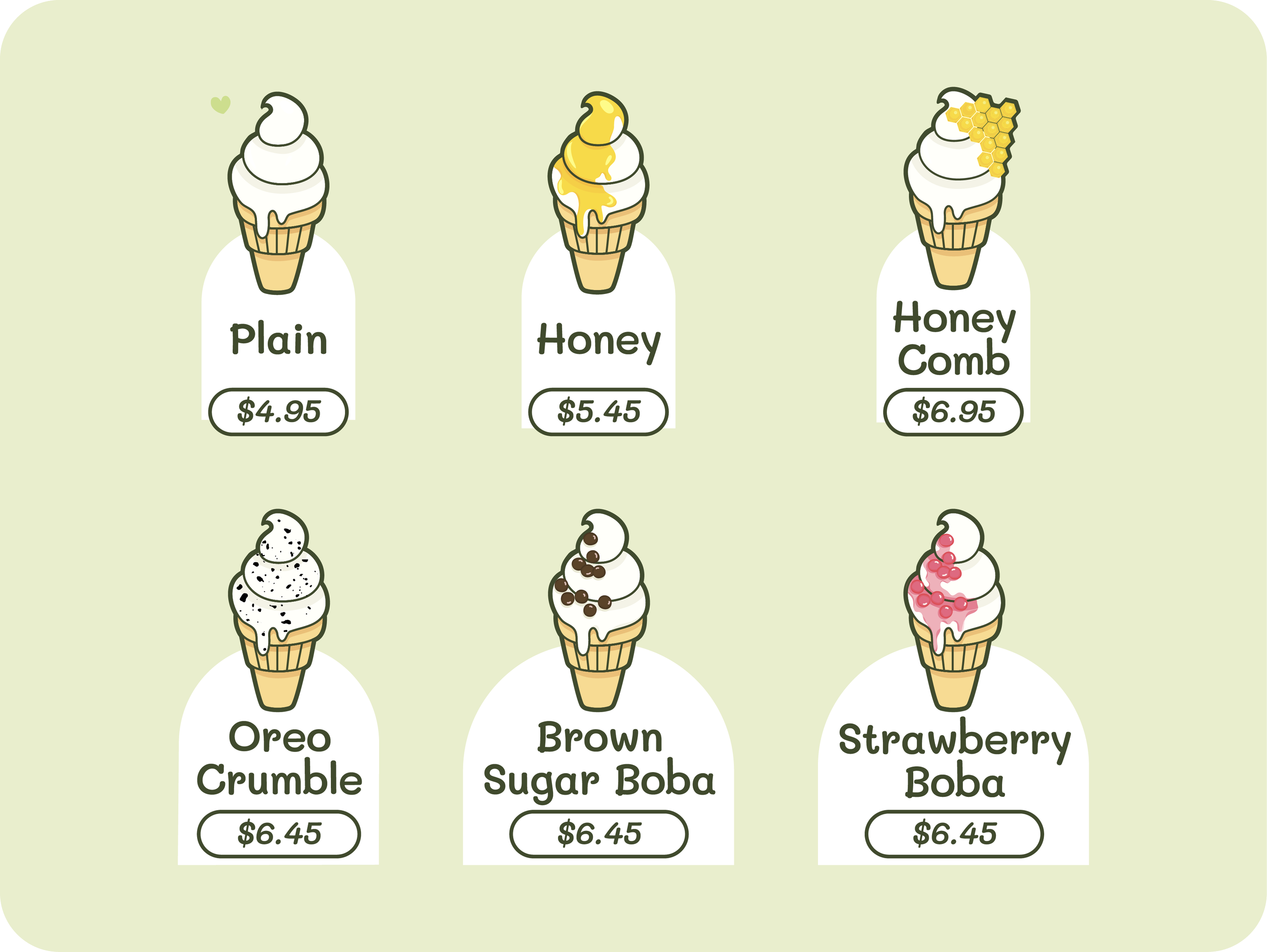 Menu display of six ice cream cones with different toppings and flavors, including Plain, Honey, Honey Comb, Oreo Crumble, Brown Sugar Boba, and Strawberry Boba, each with prices listed.