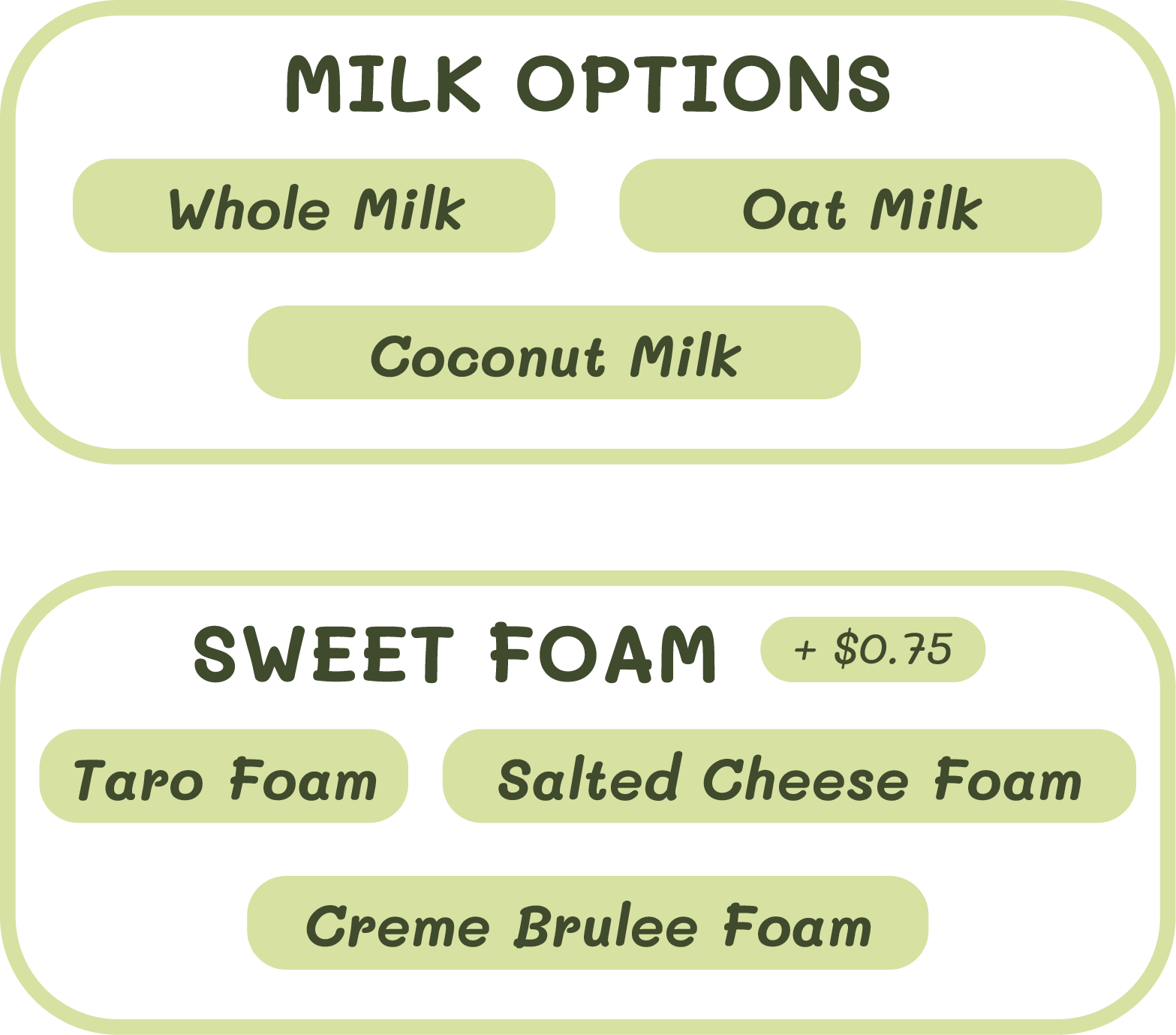 Menu listing milk options including whole milk, oat milk, and coconut milk; and sweet foam options including taro foam, salted cheese foam, and creme brulee foam, with an additional charge for sweet foam.