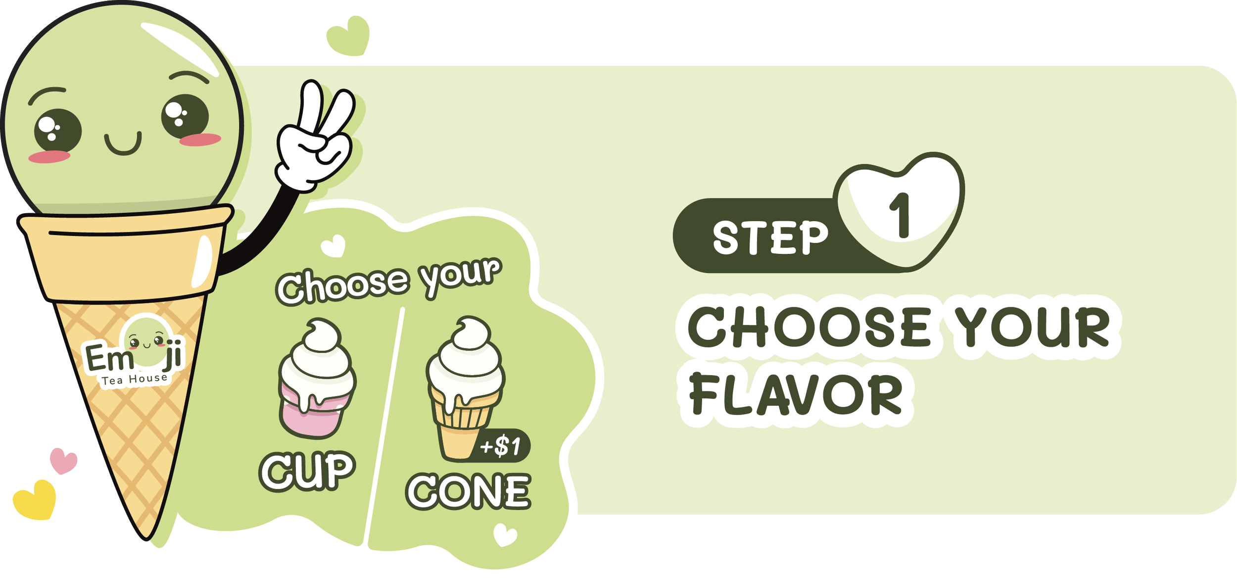 A cartoon ice cream cone character with large eyes, pink cheeks, and a smiling face, holding up a peace sign. The character is part of a menu screen telling users to choose between a pink cup or a cone with an additional dollar for the cone. The background includes small hearts and the text: "STEP 1: CHOOSE YOUR FLAVOR."