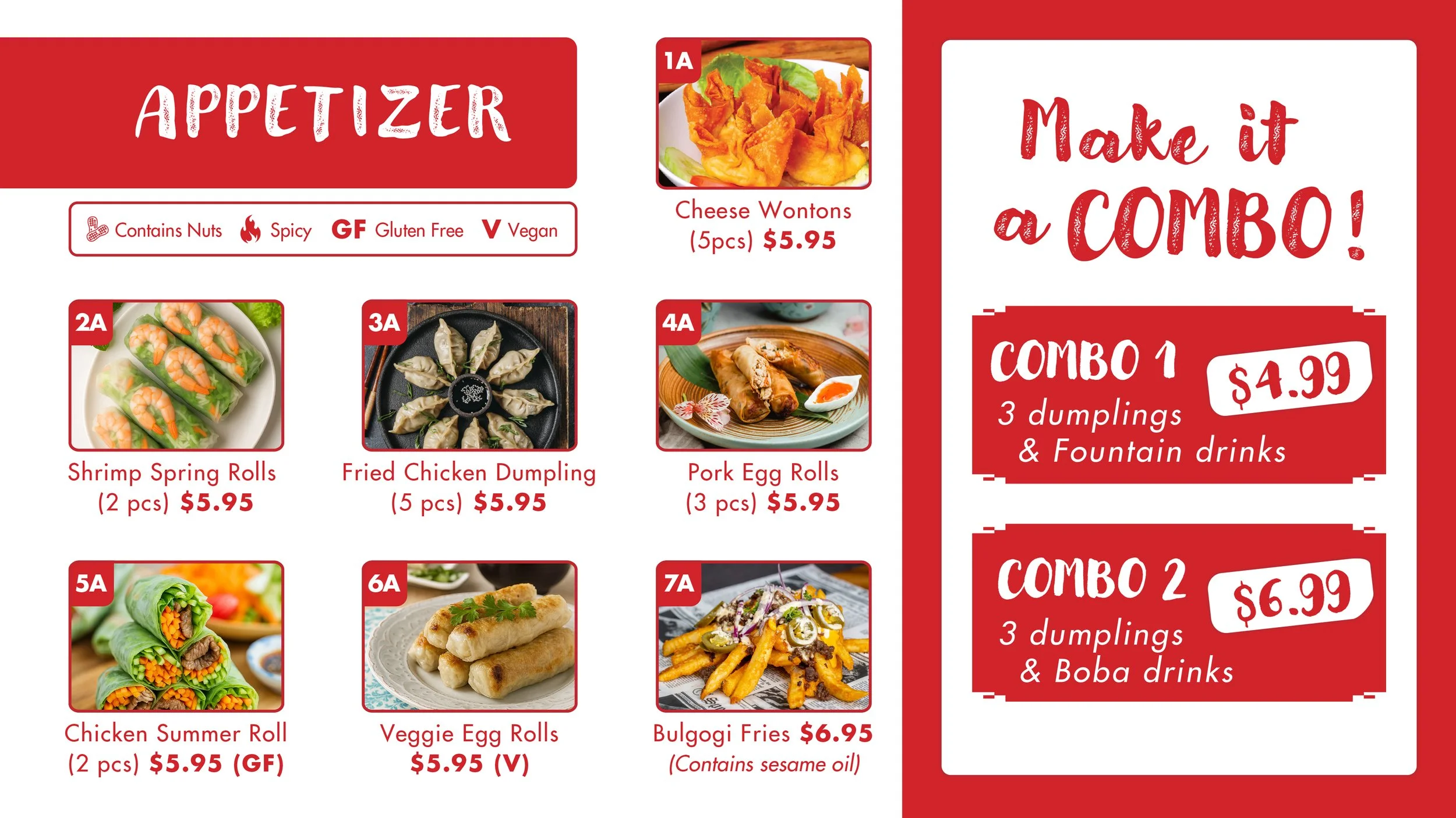 A menu featuring Asian appetizers with images and prices. Items include cheese wontons, shrimp spring rolls, fried chicken dumplings, pork egg rolls, chicken summer roll, veggie egg rolls, and bulgogi fries, with some items marked vegetarian, gluten-free, vegan, and spicy.