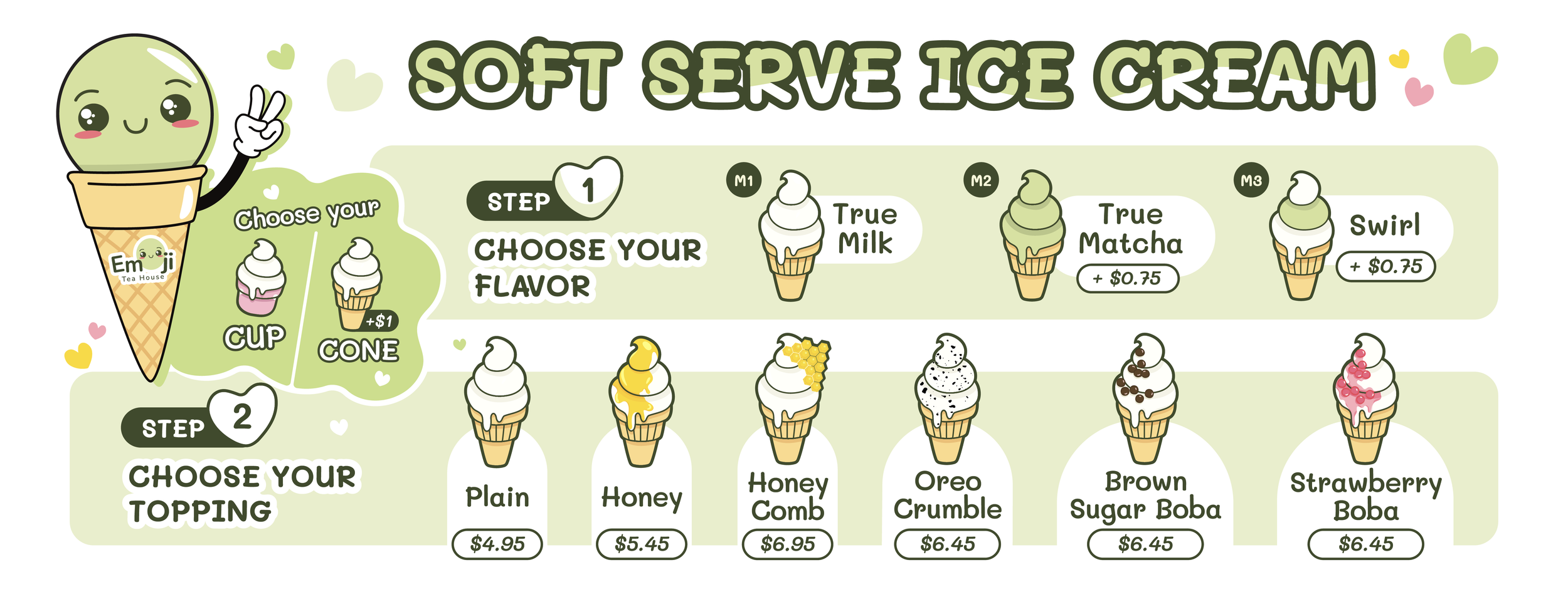 Menu for soft serve ice cream with options to choose cone, toppings like honey, Oreo crumble, strawberries, and flavors including milk, matcha, and swirl.