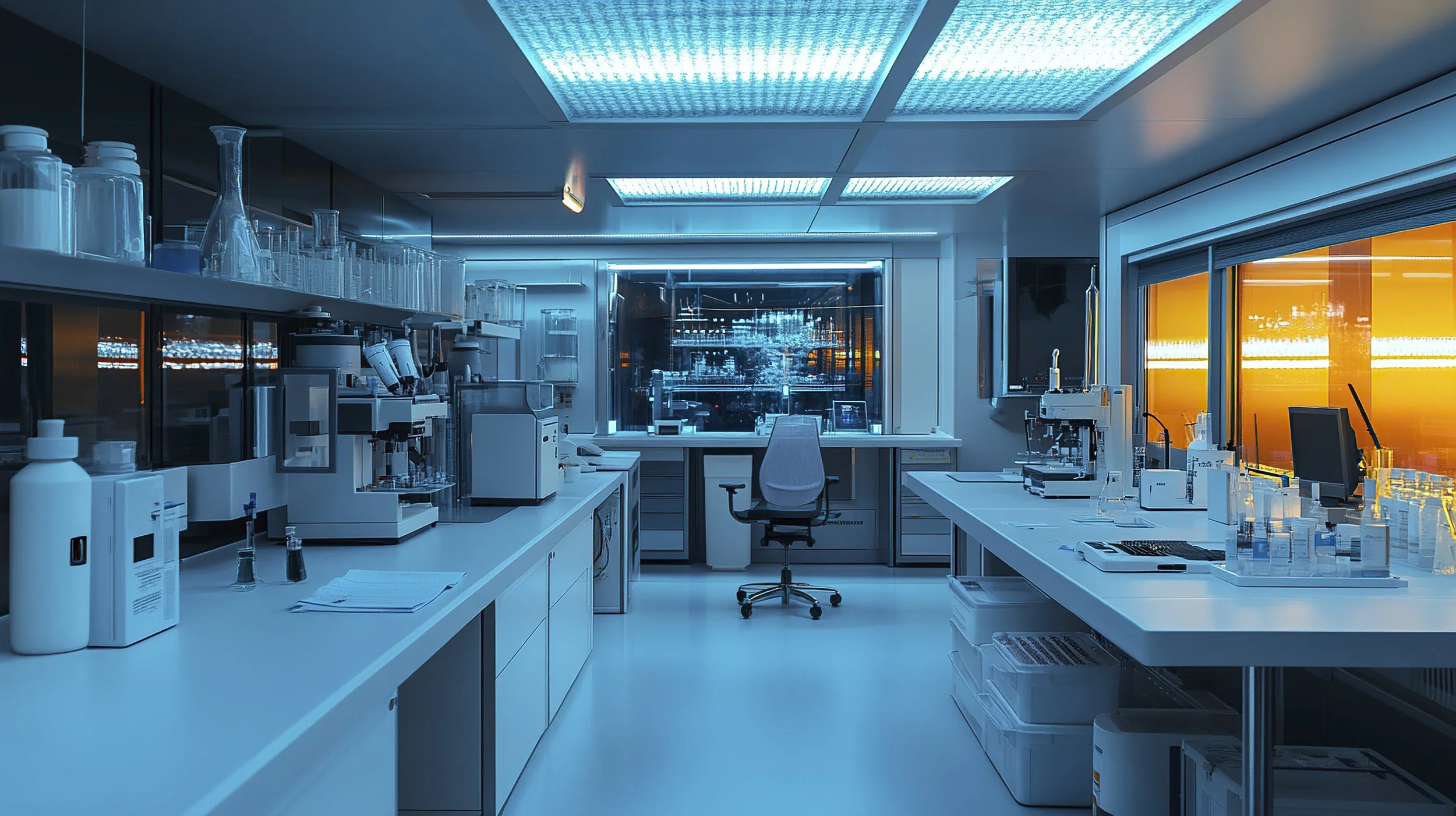 Laboratory with scientific equipment, glassware, and computers, illuminated with blue and orange lighting.