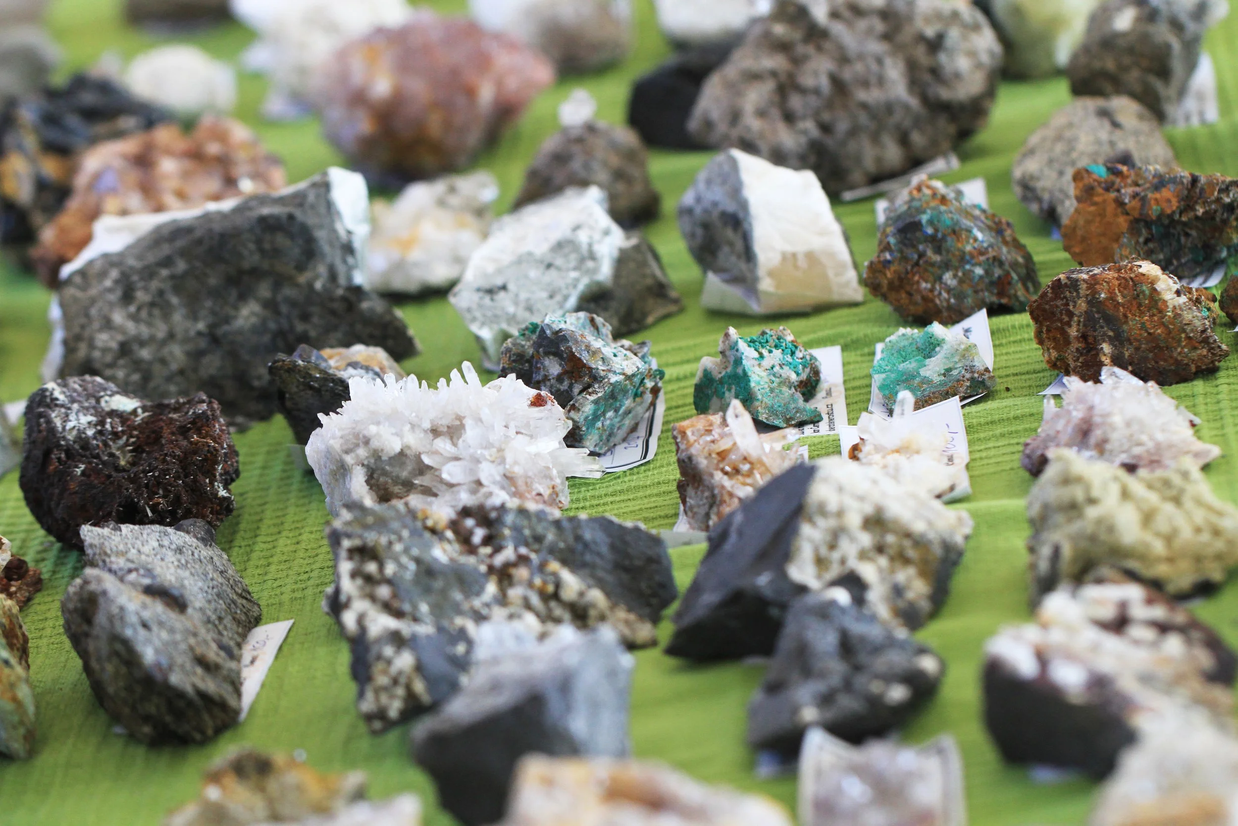 Various mineral rocks and crystals displayed on a green surface, labeled with small tags.