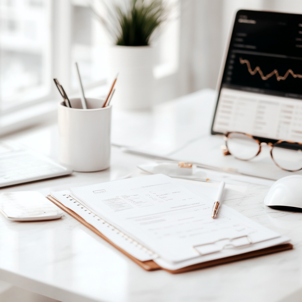 Desk with documents, glasses, pen, computer monitor showing financial charts, and a potted plant in bright natural light.