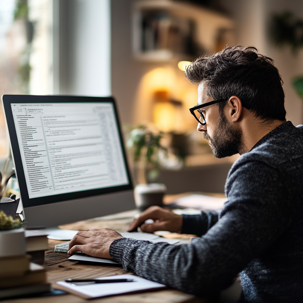A man with glasses and a beard working on a computer in a cozy, well-lit home office with shelves and plants in the background.