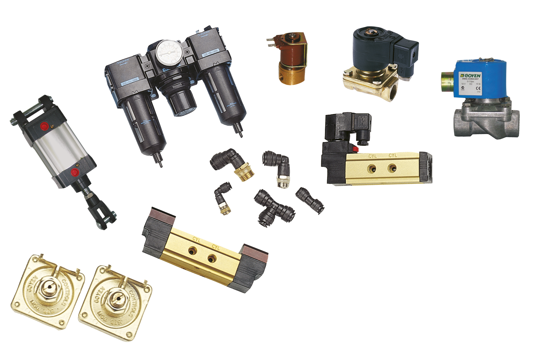 Assorted pneumatic and hydraulic valves and components, including air filters, regulators, cylinders, and fittings arranged on a surface.