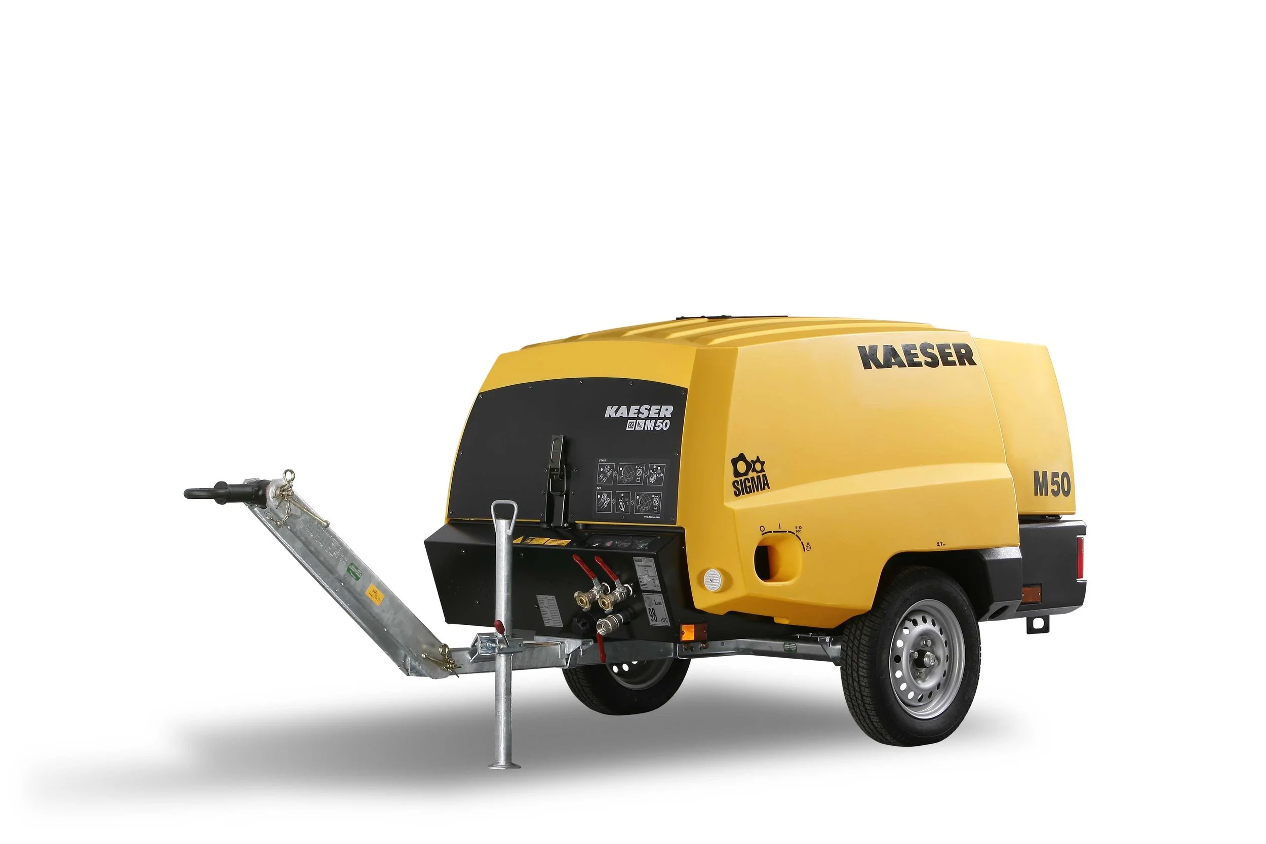 A yellow portable concrete pump with black accents and branding, mounted on a single-axle trailer with a towing hitch, set against a white background.