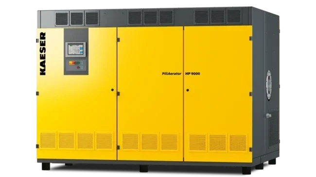Yellow industrial air compressor with control panel, labeled Kaisar PillAeratior MP 9000.
