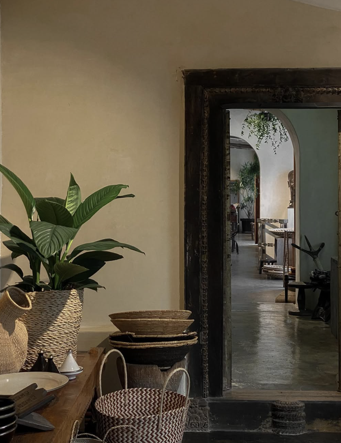 Indoor scene with a large green plant in a woven basket, stacked baskets on a wooden surface, and a doorway leading to another room with more plants and furniture.