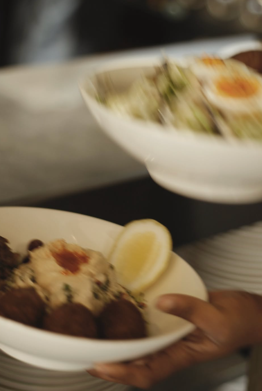 A person holding a plate of food with a lemon wedge, with a bowl of salad containing sliced avocado and other vegetables in the background.