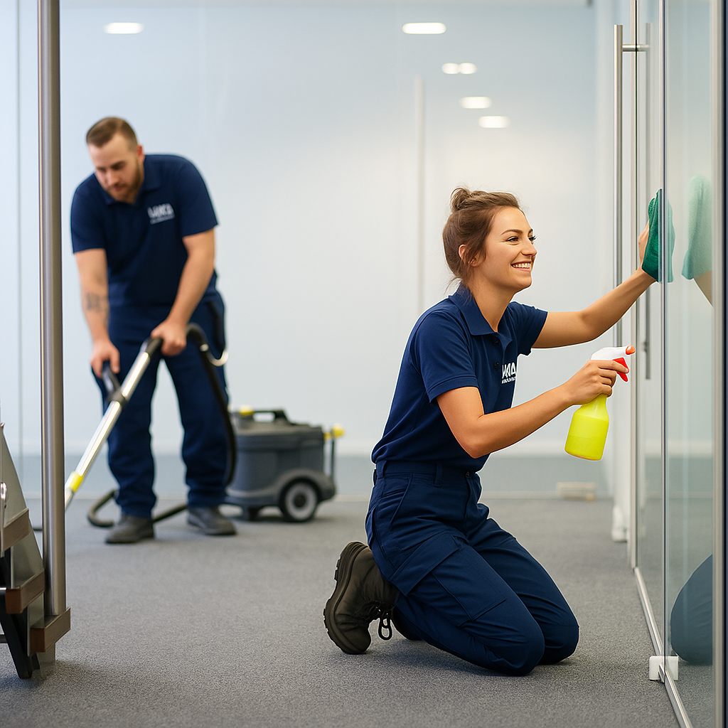 Two cleaning professionals in navy blue uniforms cleaning glass doors in an office building. The woman is kneeling, smiling, and wiping the door with a cloth, holding a spray bottle. The man in the background is standing, using a vacuum cleaner.