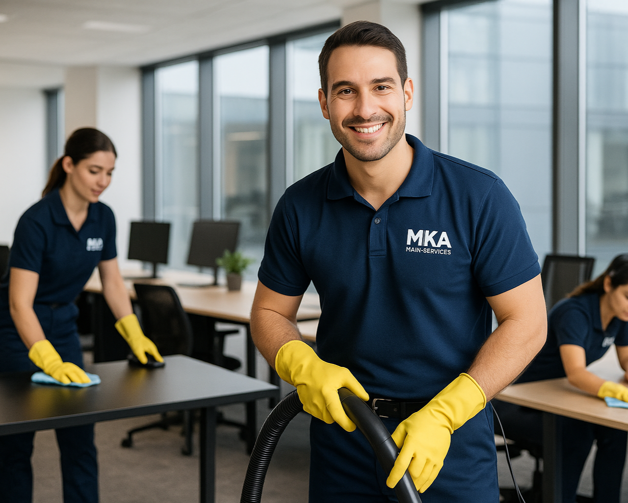A smiling man wearing a navy blue polo shirt with "MKA Main Services" logo and yellow cleaning gloves, holding a vacuum cleaner in a modern office with large windows and two women cleaning tables in the background.
