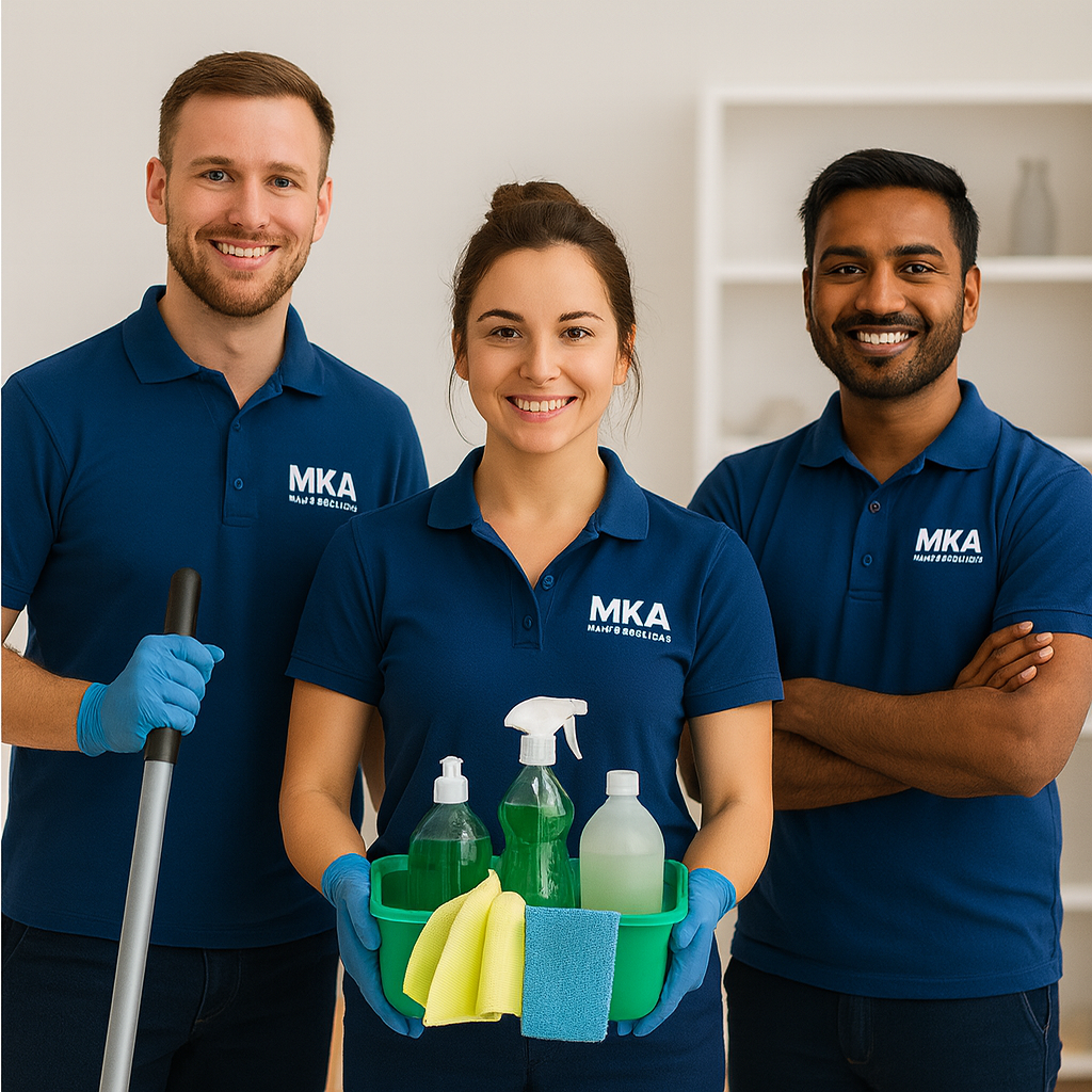Three cleaning service workers in blue shirts with MKA logo, holding cleaning supplies and smiling at the camera.