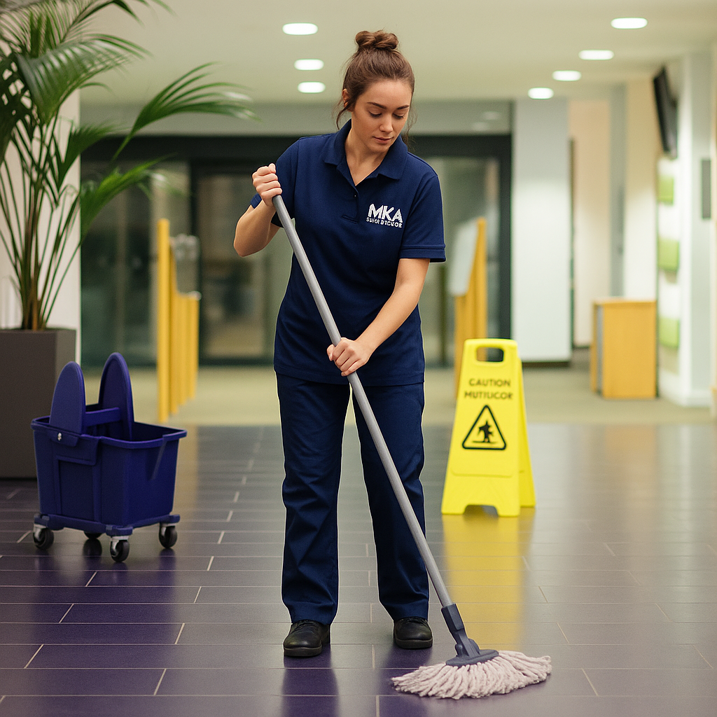 Female janitor mopping the floor in an indoor setting, with a yellow caution sign in the background and a blue cleaning cart nearby.