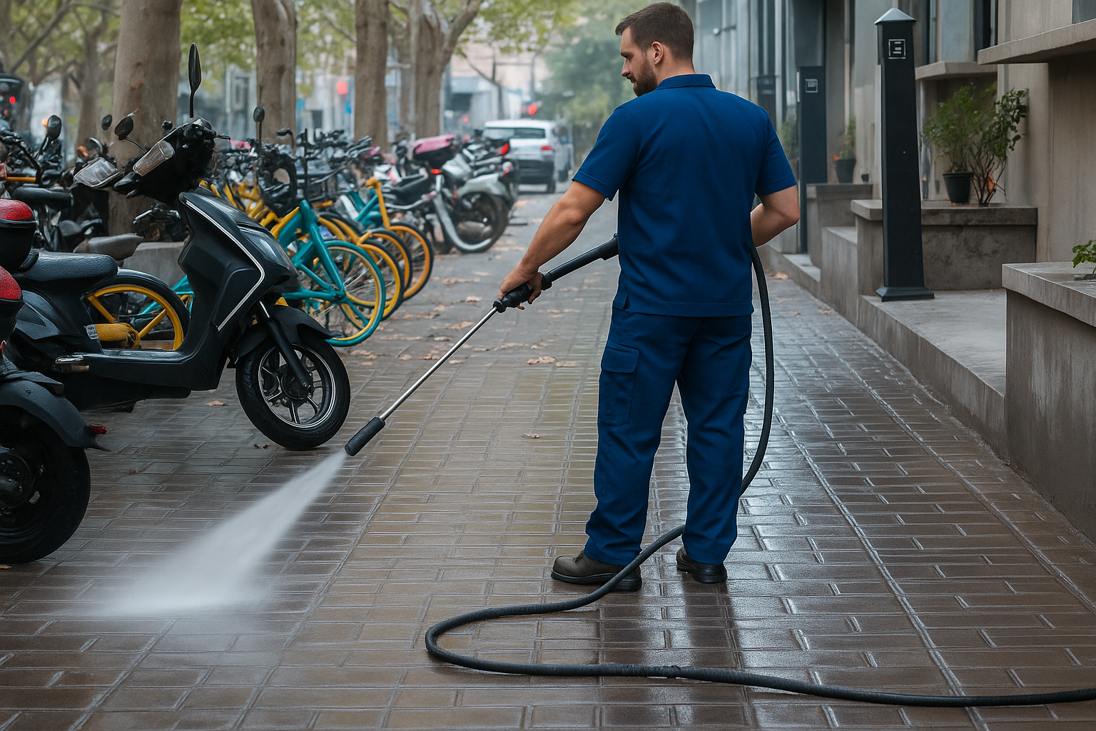 A man in blue work clothes is pressure washing a sidewalk with a hose attachment, with parked motorcycles and bicycles in the background.