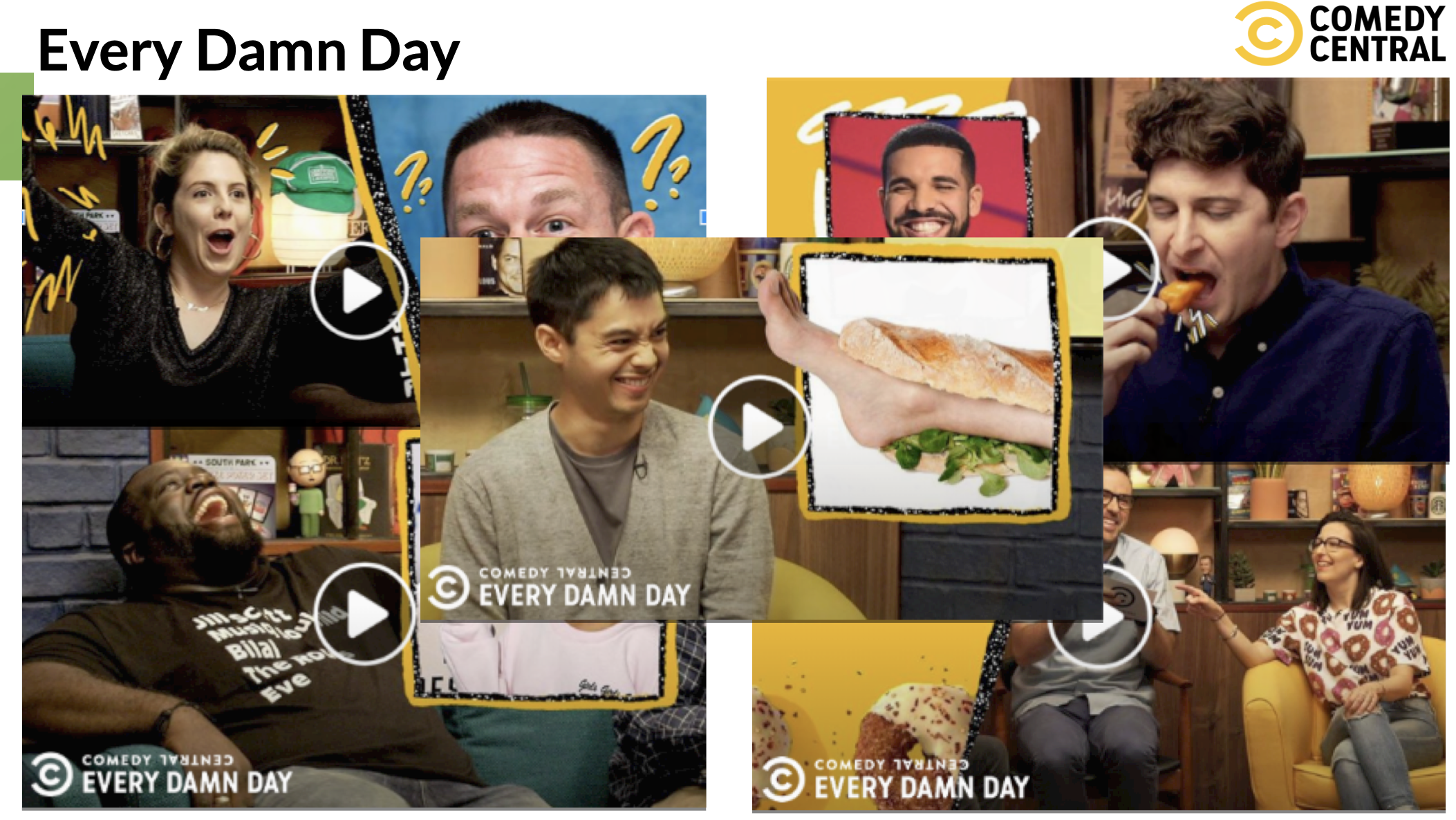 Screenshots from Comedy Central's show 'Every Damn Day' featuring people laughing, eating, and engaging in conversation, with vibrant colors and playful graphic elements.