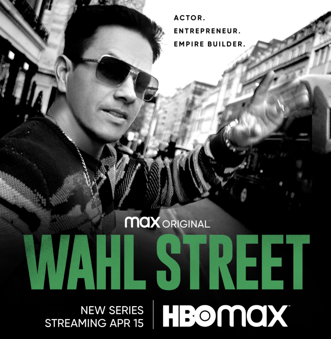 Black and white promotional image of a man in sunglasses taking a selfie on a city street, with text about a new HBO series called 'Wahl Street' premiering on April 15.