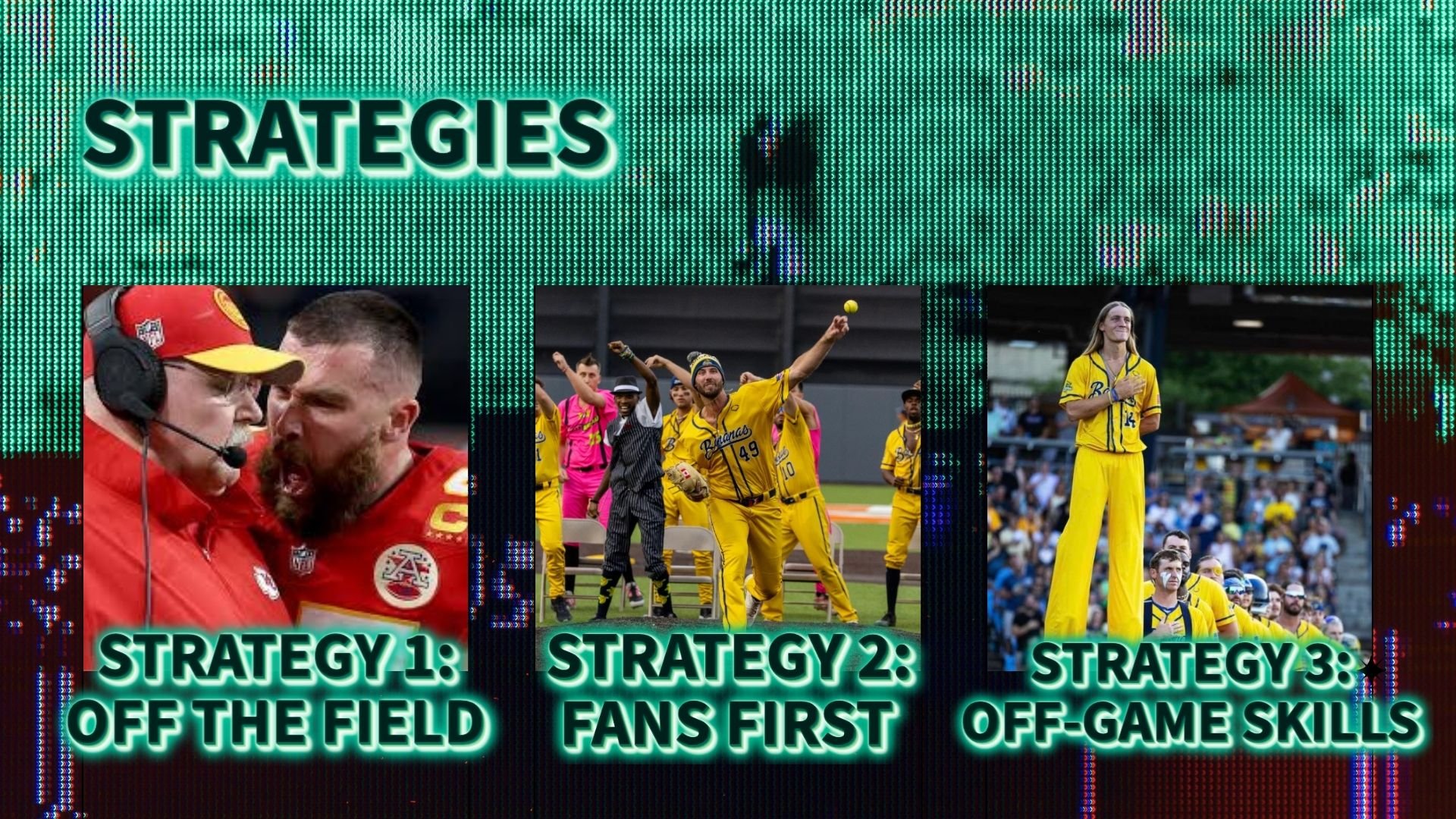 A digital graphic with three sections, titled "Strategies." The first section shows a coach and a player arguing on the sidelines labeled "Strategy 1: Off the Field." The second section displays a baseball player and fans, labeled "Strategy 2: Fans First." The third section shows a woman in a yellow sports uniform standing during a game, labeled "Strategy 3: Off-Game Skills."
