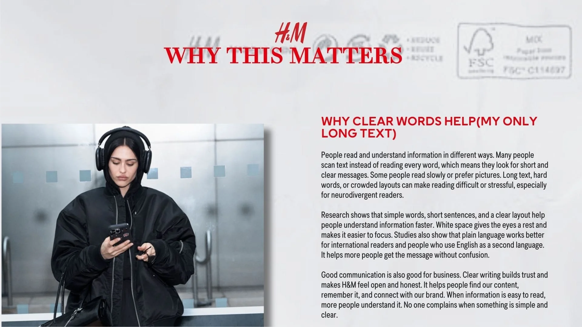 H&M advertisement emphasizing the importance of clear communication, showing a woman with headphones looking at her phone in an airport or train station, with accompanying text about the benefits of simple and clear language.