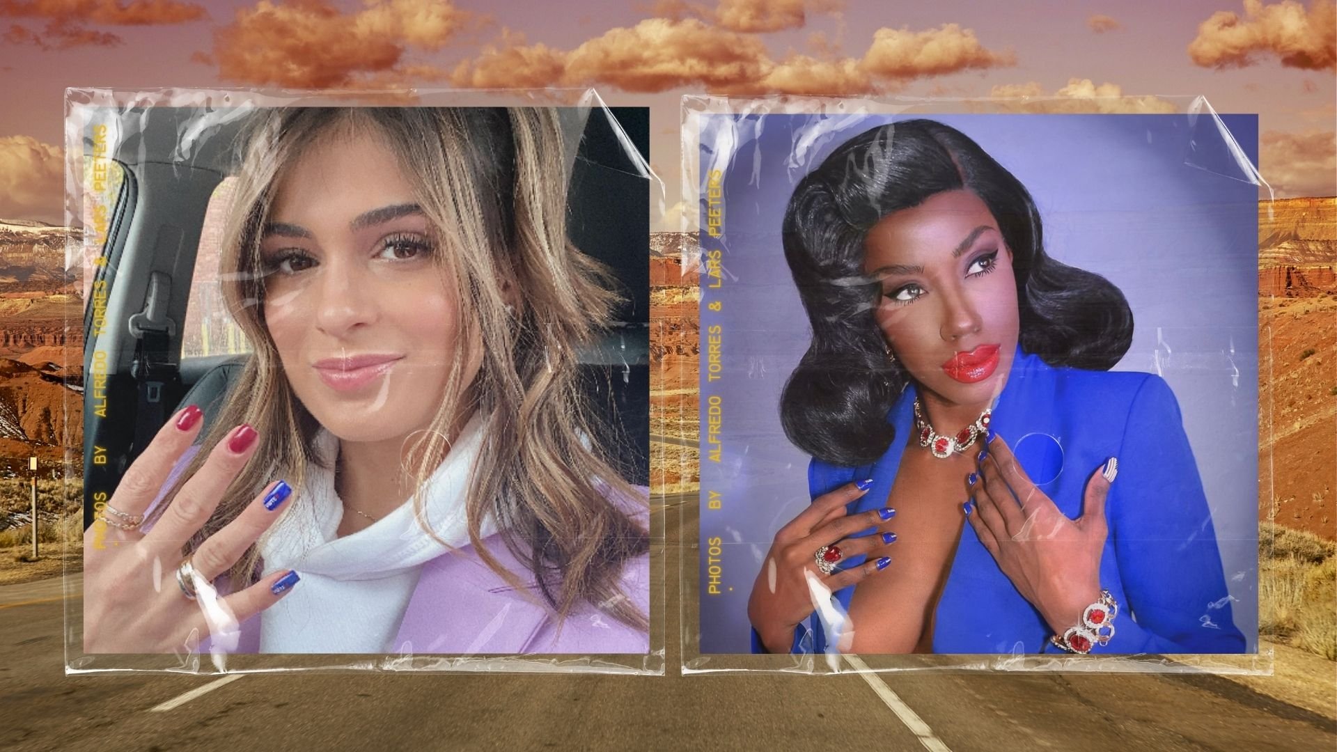 Two photographs encased in plastic sheets hanging over a desert highway at sunset. The left photo shows a woman with wavy blonde hair, pink lipstick, and multicolored nails, making a peace sign. The right photo shows a woman with black curled hair, red lipstick, wearing a blue dress and jewelry, posing with her hand on her chest.